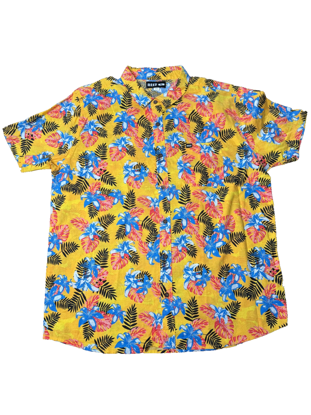 Reef Shirt Mens XL Yellow Floral Hawaiian Button Up Short Sleeve Tropical Print